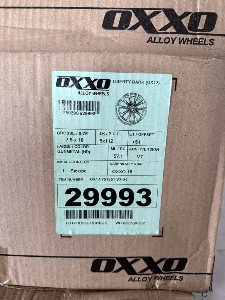 Komplet sæt med 4 stk. OXXO Liberty Dark alufælge i gunmetal, monteret med VW aerokapsler. - Billede 3