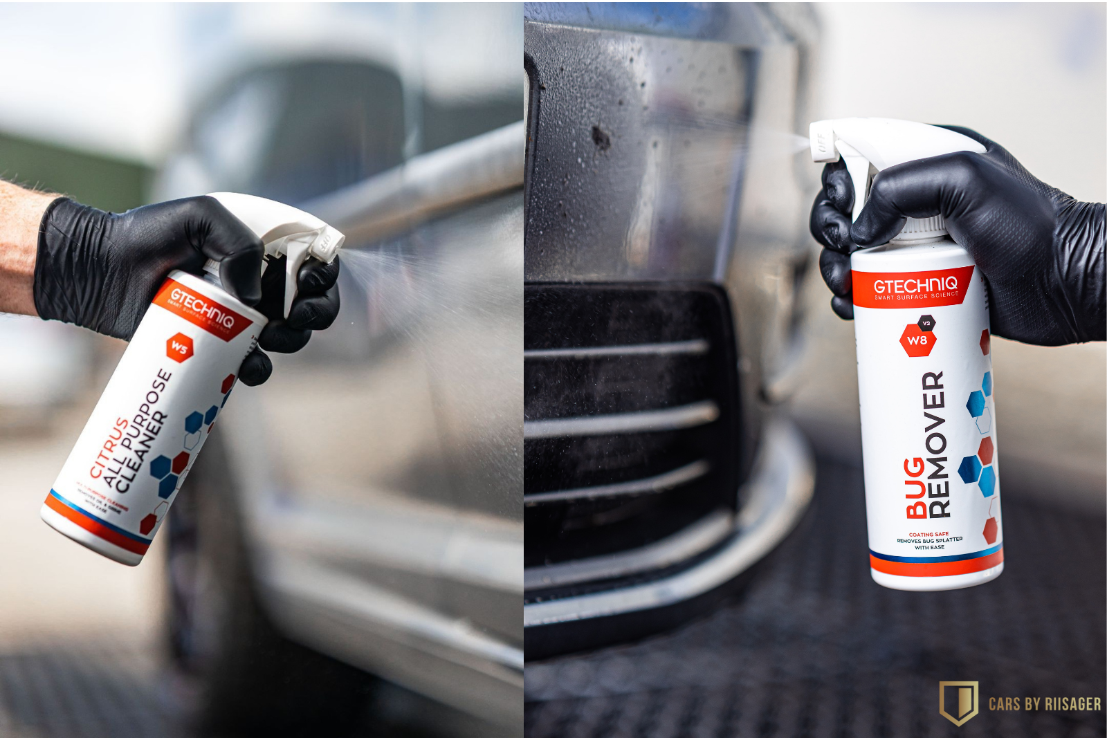 Gtechniq W5 Citrus All Purpose Cleaner fjerner fastsiddende snavs fra bilens nederste paneler.Gtechniq W8 Bug Remover opløser fastsiddende insekter på bilens front.