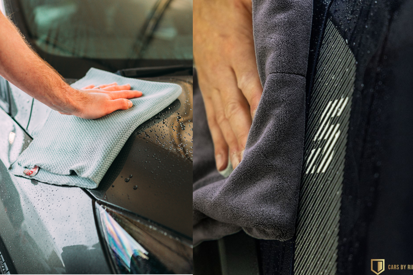 Tørring af bilen med et mikrofiber tørrehåndklæde for et flot og stribefrit resultat.